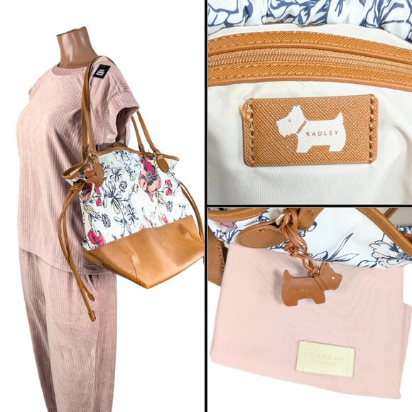 Radley London Dane Park Sketchy Floral Large Nylon Tan Leather Tote & Dust Bag - Picture 10 of 10